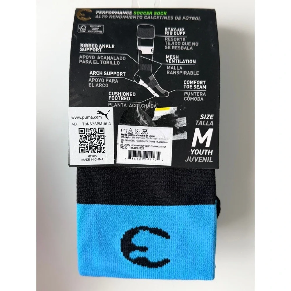Puma Soccer Socks Youth M Blue Black NWT 2-Pack Arch Support Mesh Ventilation‎